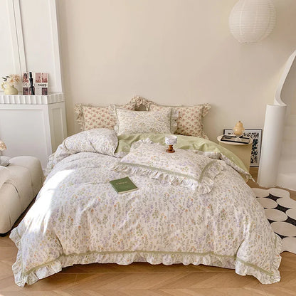 DecorBites™ French Floral Bedding Set, 100% Cotton, Ruffles, Duvet Cover, Bed Sheet, Pillowcases