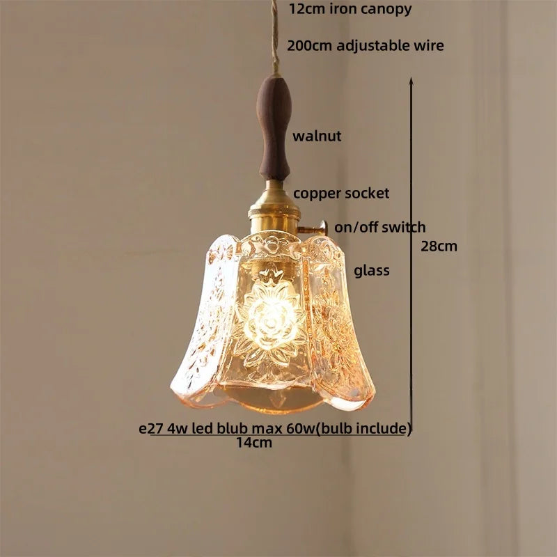 DecorBites™ Green Glass LED Pendant Lamp | Modern Nordic Wood Walnut | Brass Knob Switch | Hanging Light