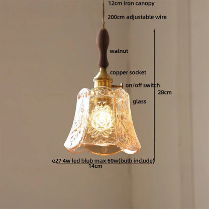 DecorBites™ Green Glass LED Pendant Lamp | Modern Nordic Wood Walnut | Brass Knob Switch | Hanging Light