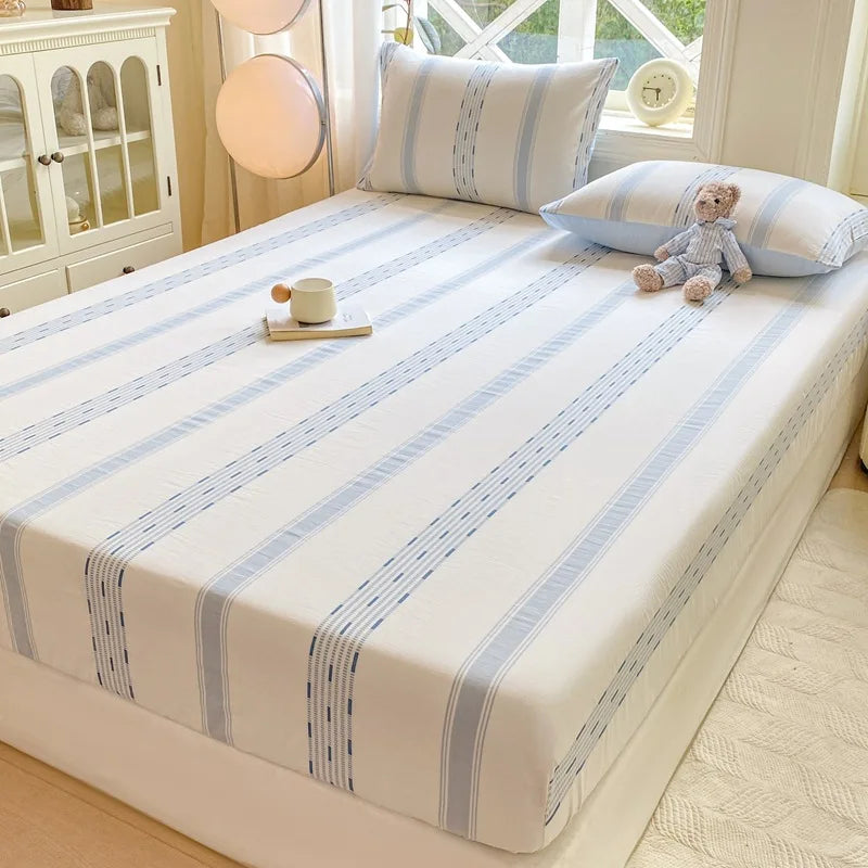 DecorBites™ Cotton Jacquard Fitted Sheet Set with 2 Pillowcases, Dustproof & Anti-Slip