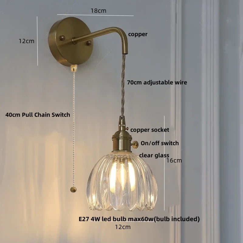 DecorBites™ Glass & Copper Green Flower LED Wall Sconce with Pull Chain