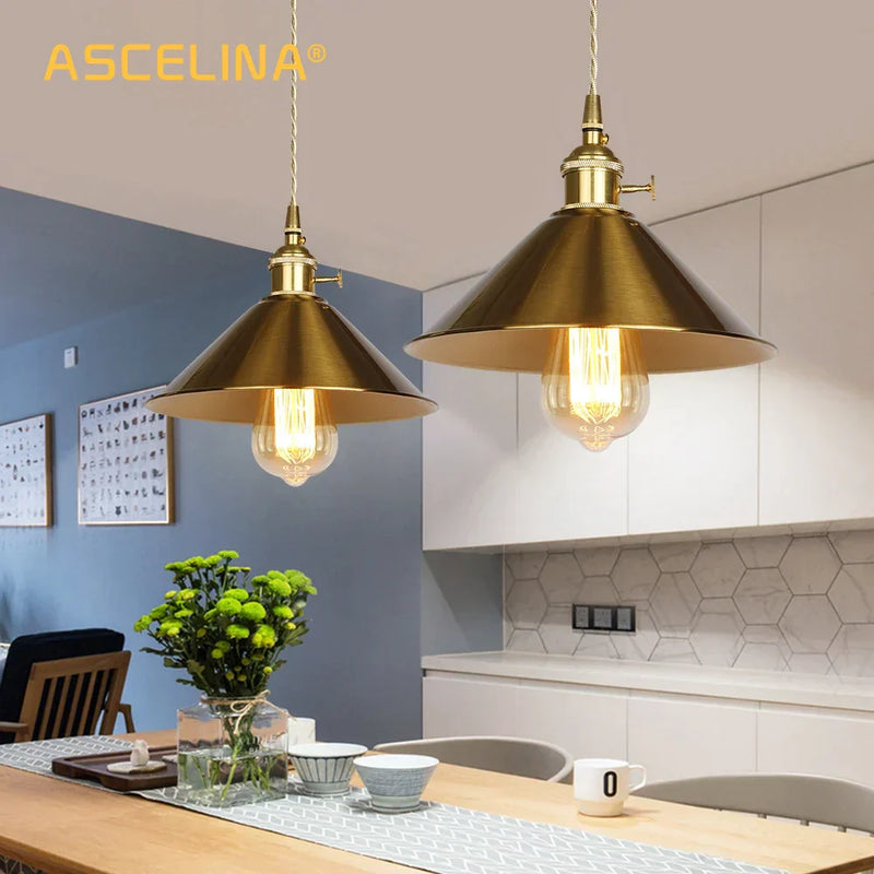 ™ Golden E27 Pendant Light: Vintage Style Living Room LED Lamp