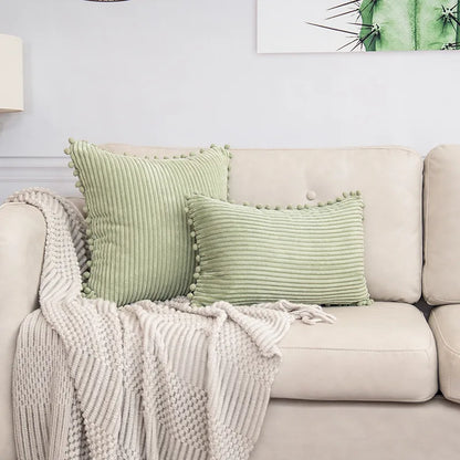 DecorBites™ Beige Striped Cushion Cover with Pom Pom Detail Lumbar Throw Pillow Case