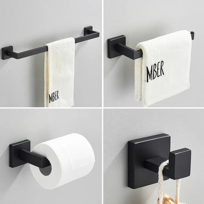 DecorBites™ Black Stainless Steel Bathroom Accessories Set: Towel Bar, Paper Holder, Hook & Bath Rack