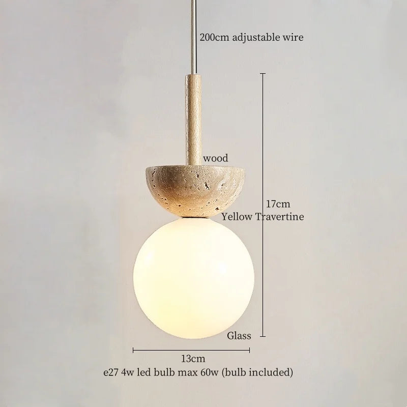 DecorBites™ LED Pendant Lights Yellow Travertine Wood Hanging Lamp for Bedroom Dining Room