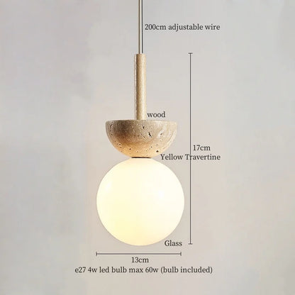 DecorBites™ LED Pendant Lights Yellow Travertine Wood Hanging Lamp for Bedroom Dining Room