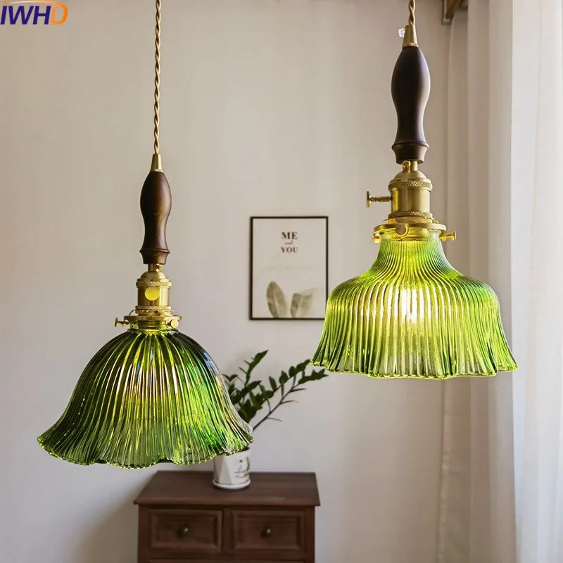 ™ Japanese Style Green Glass LED Pendant Chandelier for Home Decor