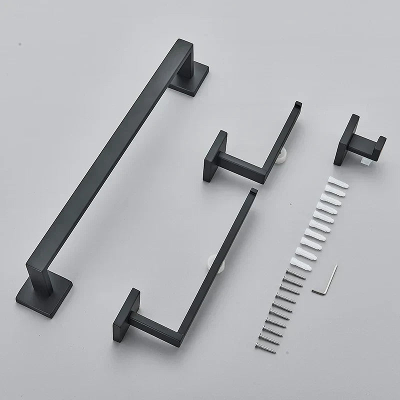 DecorBites™ Black Bathroom Set: Towel Holder, Paper Holder, Gold Rod, Robe Hook - Stainless Steel Accessories