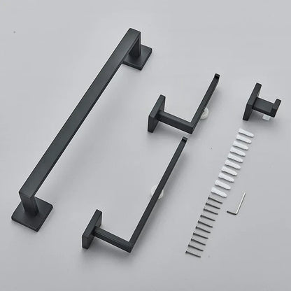 DecorBites™ Black Bathroom Set: Towel Holder, Paper Holder, Gold Rod, Robe Hook - Stainless Steel Accessories
