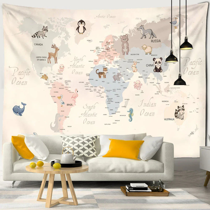 DecorBites™ Cartoon Animals Map Tapestry Wall Hanging for Cute Children's Room Decor