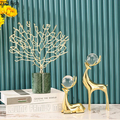 DecorBites™ Brass Deer Statue Desk Ornament - Golden Deer Sculpture for Room Decor