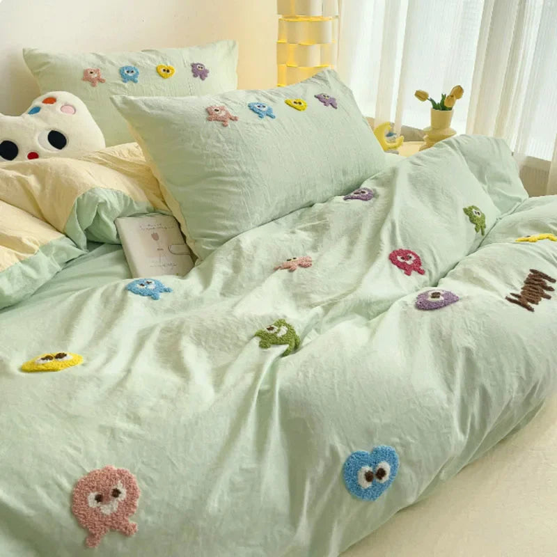 DecorBites™ Cartoon Towel Embroidery Bedding Set in Soft Washed Cotton for Kids
