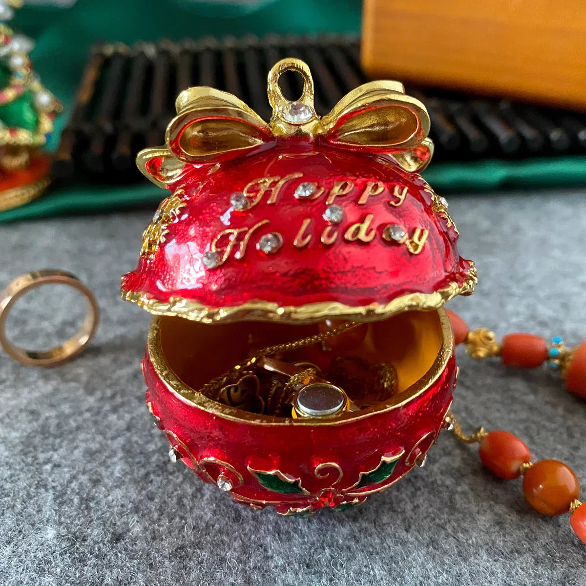 ™ Jingle Bell Trinket Box With Crystals, Hand-painted, Christmas Tree Decor