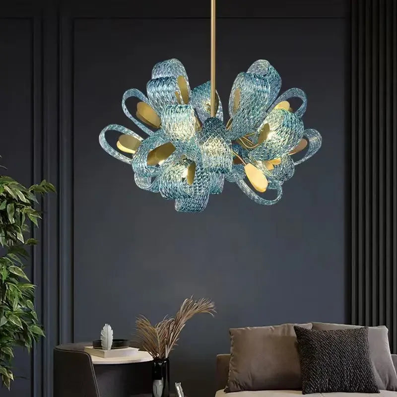DecorBites™ Blue Peacock Leaf Glass Designer Chandeliers Lighting