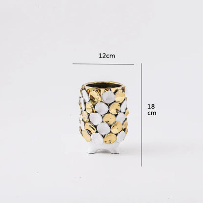 DecorBites™ Geometric Gold Leaf Relief Ceramic Vase - Elegant Hand-Appliqued Flower Pot Home Decor