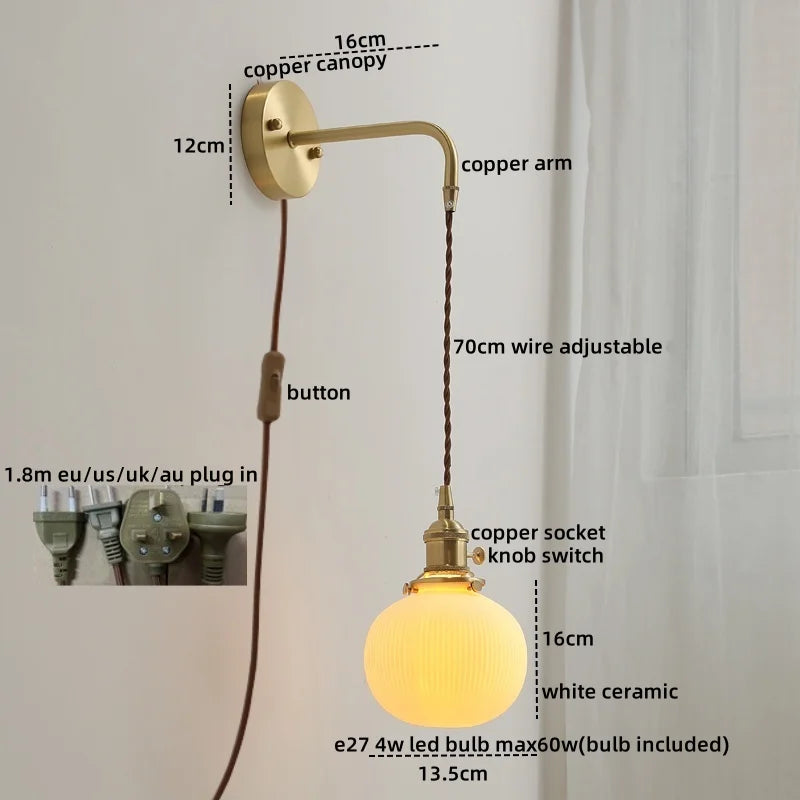 DecorBites™ Copper Ceramic LED Wall Light Pull Chain Switch Modern Bedroom Lamp