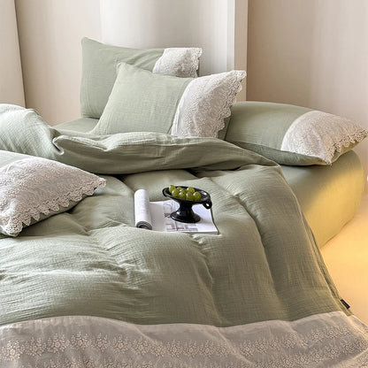 DecorBites™ French Lace Cotton Bedding Set: Duvet, Sheet, Pillowcases, 4Pc