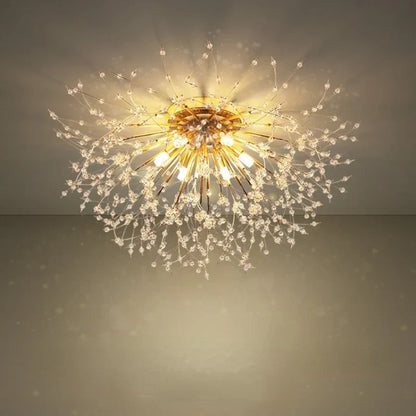 DecorBites™ Golden Dandelion Crystal Chandelier: Warm Nordic LED Ceiling Lamp for Romantic Living Room.