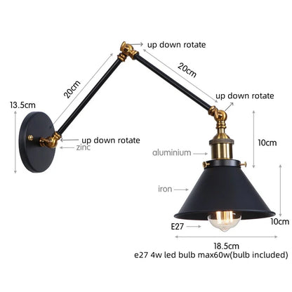 DecorBites™ Gold Long Arm LED Wall Sconce with Pull Chain Switch, Adjustable Industrial Bedside Lamp
