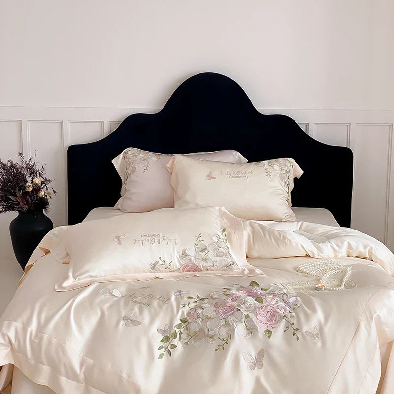 DecorBites™ Butterfly Flowers Embroidery Bedding Set 800TC Soft Silky Duvet Cover Set