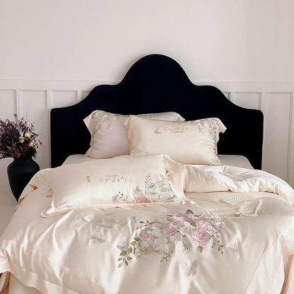 DecorBites™ Butterfly Flowers Embroidery Bedding Set 800TC Soft Silky Duvet Cover Set