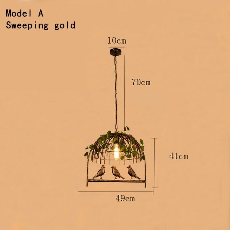 DecorBites™ Iron Bird Cage Chandelier with Green Leaf Decoration and LED Lamps