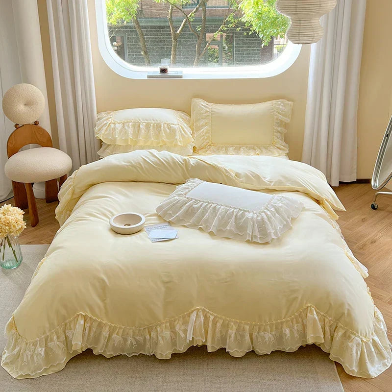 ™ Lace Ruffles Bedding Set in Pearl White Cream Yellow Princess Cotton