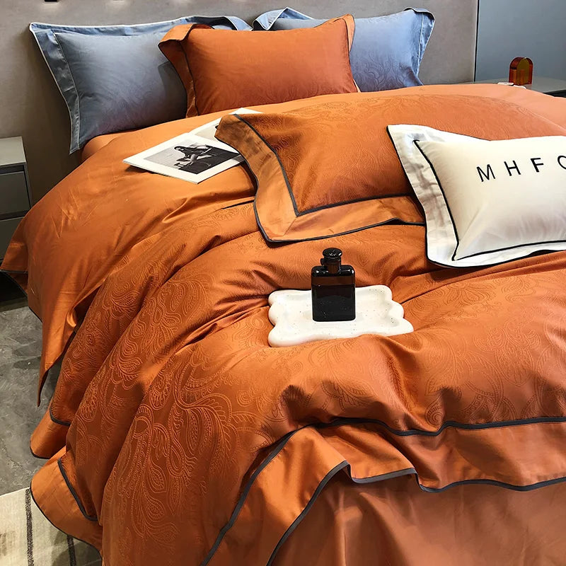 DecorBites™ Jacquard Satin & Egyptian Cotton Patchwork Bedding Set - 4pcs