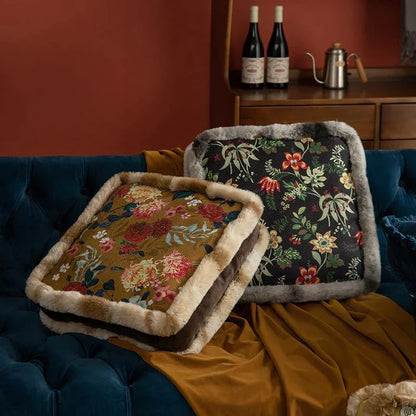 DecorBites™ Boho Floral Square Chair Cushions with Faux Fur Trim - Soft & Thick Seat Pad