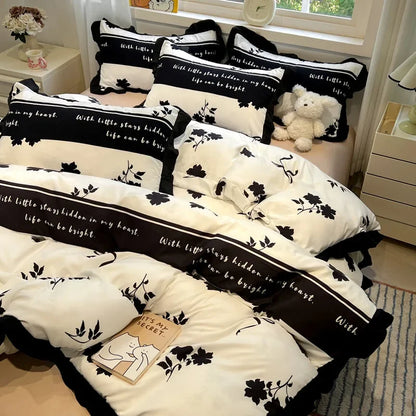 DecorBites™ Black White Printed Bed Skirt Bedding Set - Cozy Skin Friendly Linens