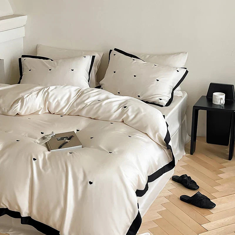 DecorBites™ Luxe Heart Embroidered Bedding Set: 100% Lyocell Duvet Cover Set with Sheets