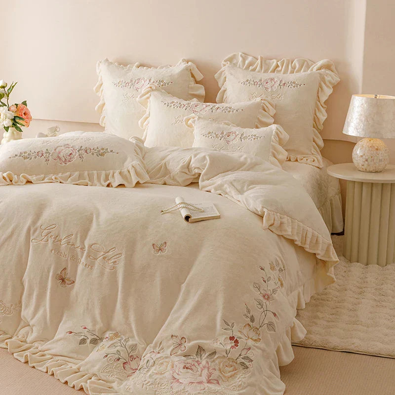 DecorBites™ Butterflies & Flowers Embroidery Ruffles Princess Bedding Set - 4Pcs