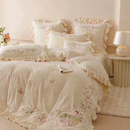 DecorBites™ Butterflies & Flowers Embroidery Ruffles Princess Bedding Set - 4Pcs