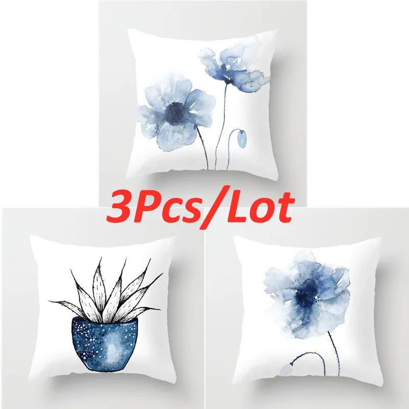 DecorBites™ Blue Ink Flower Cushion Cover Set - Nordic Style Sofa Pillowcase Trio for Home Decoration