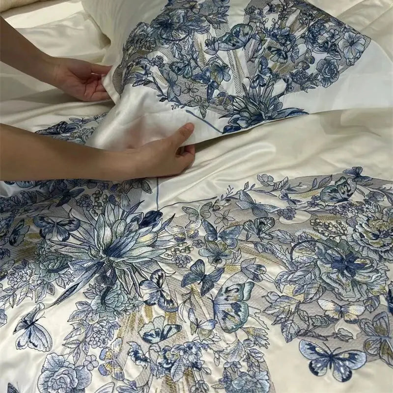 DecorBites™ Butterfly Flowers Embroidery Luxury Bedding Set 4Pcs