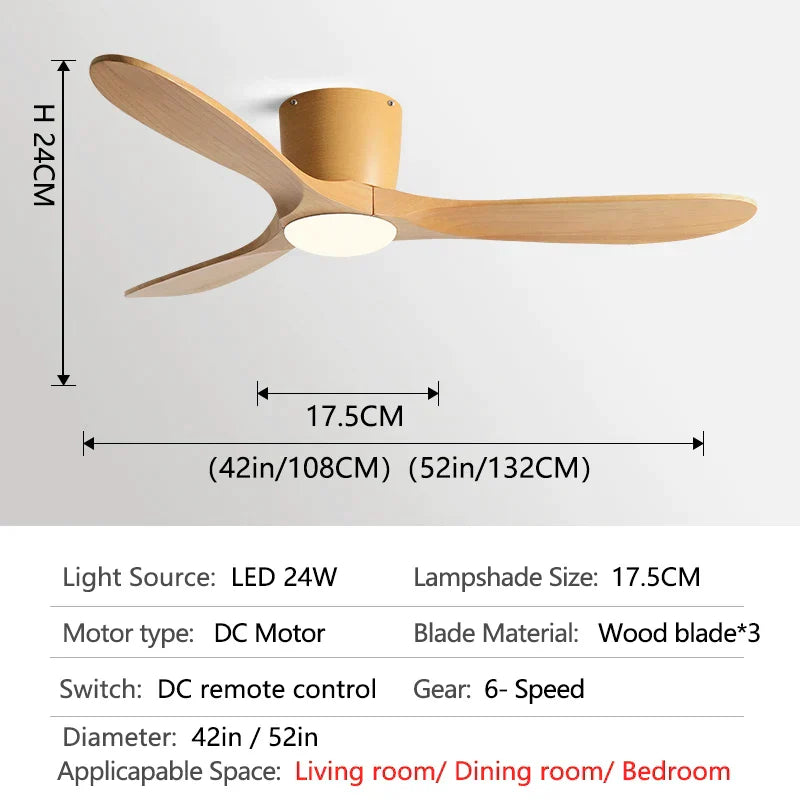 DecorBites™ 52" Low Floor Fan Lights Wood Blade Remote Control Ceiling Fan Strong Winds