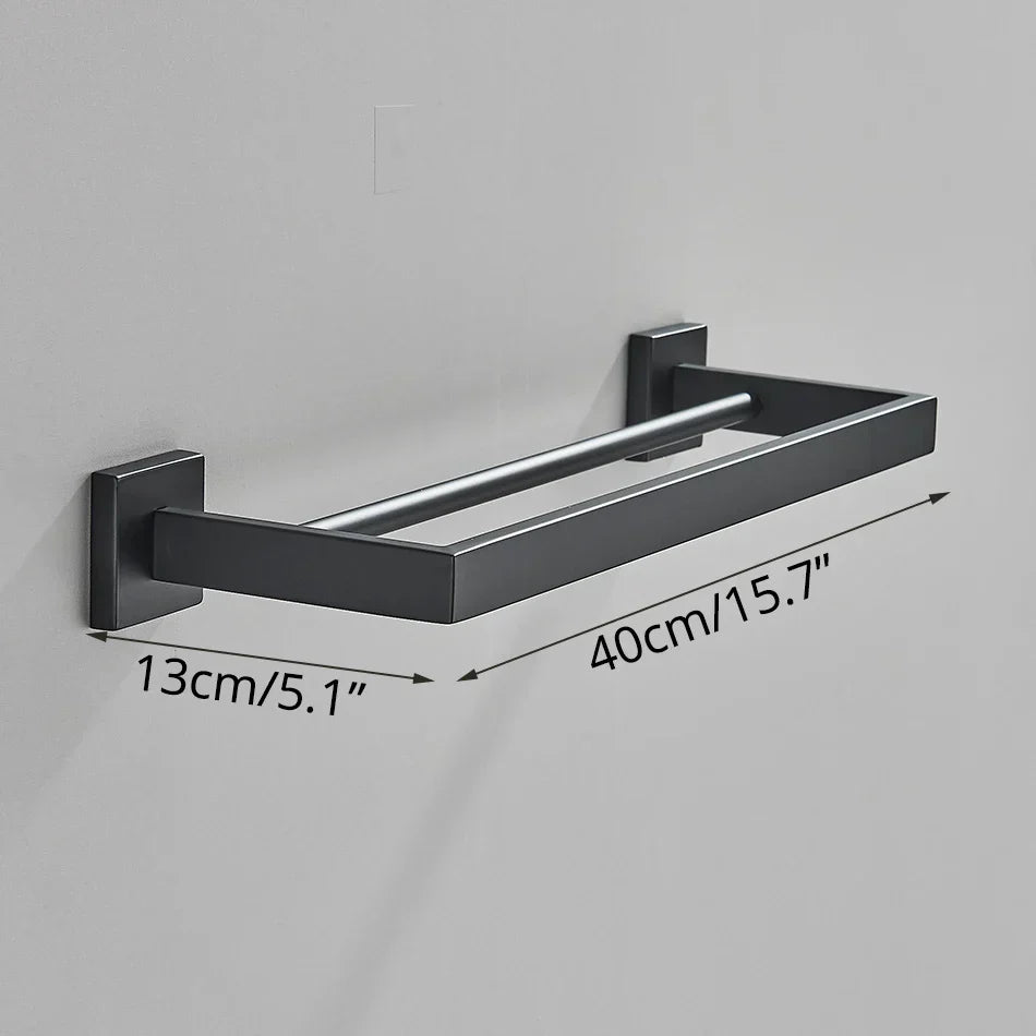 DecorBites™ Black Bathroom Accessories Set: Robe Hook, Towel Rail, Shelf, Paper Holder