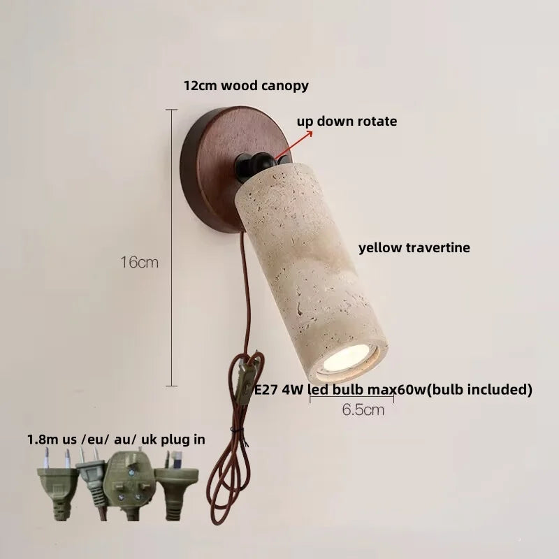 DecorBites™ LED Wall Sconce Iron Rotate Kitchen Bedroom Hallway Yellow Travertine Wood Mirror Light