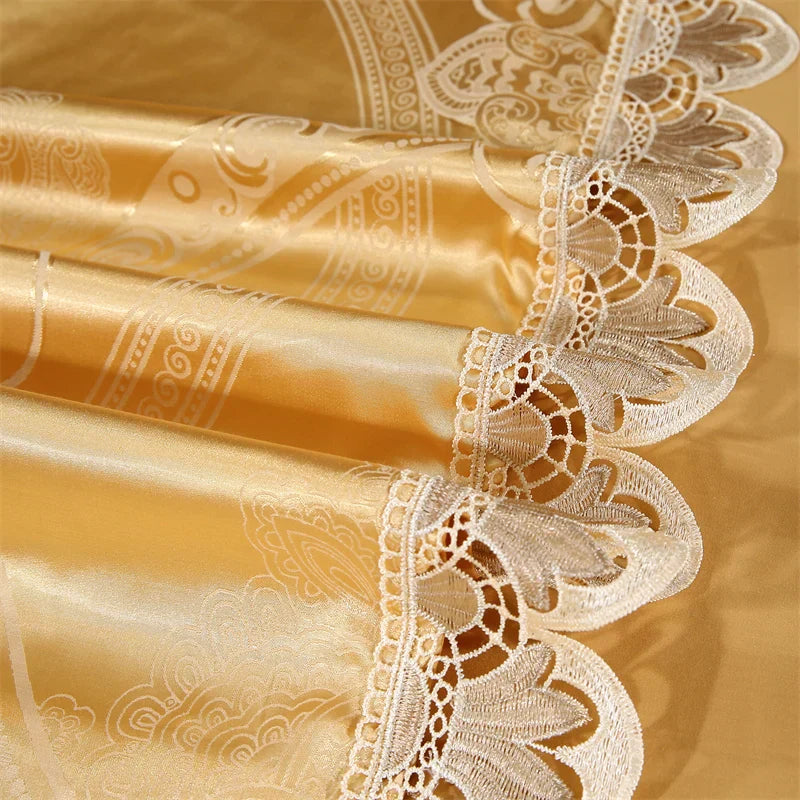 DecorBites™ Golden Jacquard Cotton Lace Bedding Set - Silky Soft Duvet Cover, Flat Sheet, Pillowcase