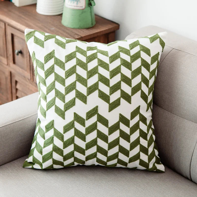 ™ Green Geometric Canvas Cotton Embroidered Cushion Cover 45x45cm