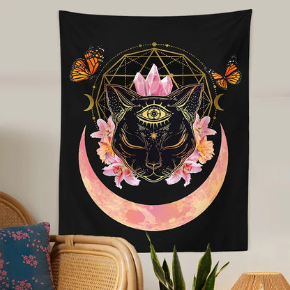 DecorBites™ Cat Witch Moon Star Tapestry Wall Hanging - Trippy Psychedelic Wall Decor