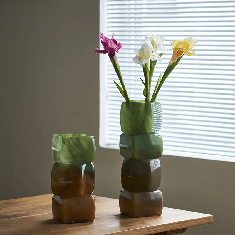 DecorBites™ Geometric Square Vase Table Soft Decoration Glass Decor for Hotel TV Counter