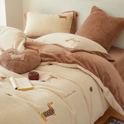 DecorBites™ Embroidered Imitation Cashmere Bedding Set for Queen Bed Warm Winter Cozy Set
