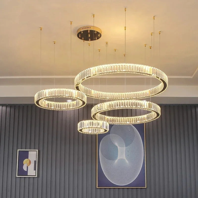 DecorBites™ Crystal LED Chandelier Rings Pendant Lamp Luxury Villa Stair Decoration