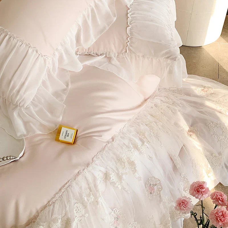 DecorBites™ French Lace Ruffles Princess Wedding Bedding Set - 4Pcs 1000TC Cotton - Duvet, Sheet, Pillowcases