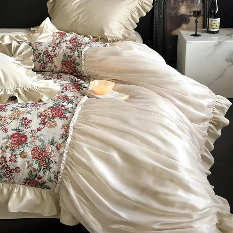 DecorBites™ Chic Flowers Jacquard Cotton Bedding Set with Ruffles
