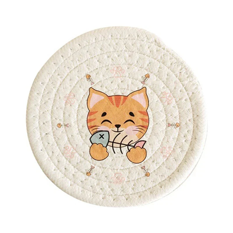 DecorBites™ Cat Print Round Woven Coaster Cup Mat Table Heat Insulation Pad