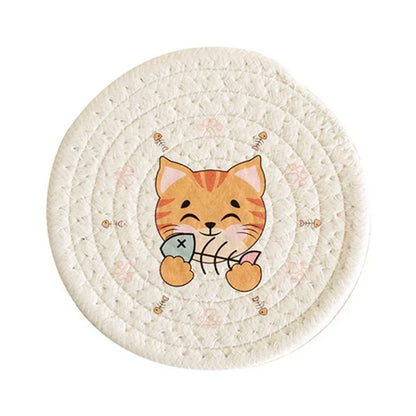 DecorBites™ Cat Print Round Woven Coaster Cup Mat Table Heat Insulation Pad