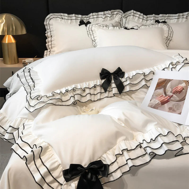 ™ Korean Lace Ruffles Bedding Set with Black Bow Accent