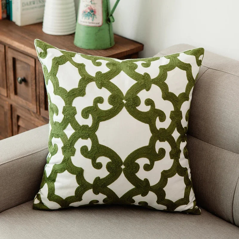 ™ Green Geometric Canvas Cotton Embroidered Cushion Cover 45x45cm